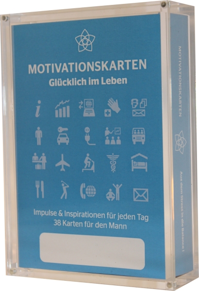 Personalized motivation card set "Happy in life" for man (Edition II) in acrylic box (GERMAN)